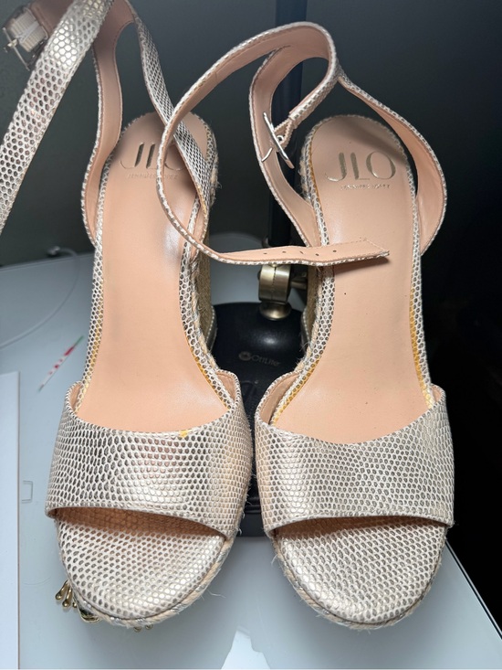 Jennifer Lopez Shoes - Jennifer Lopez Nude Metallic Snake-Texture Wedge Sandals